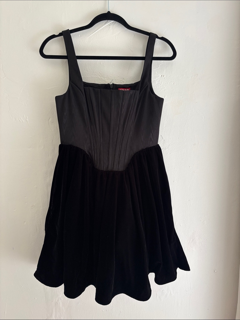 STAUD Black Mini Dress with Velvet Skirt